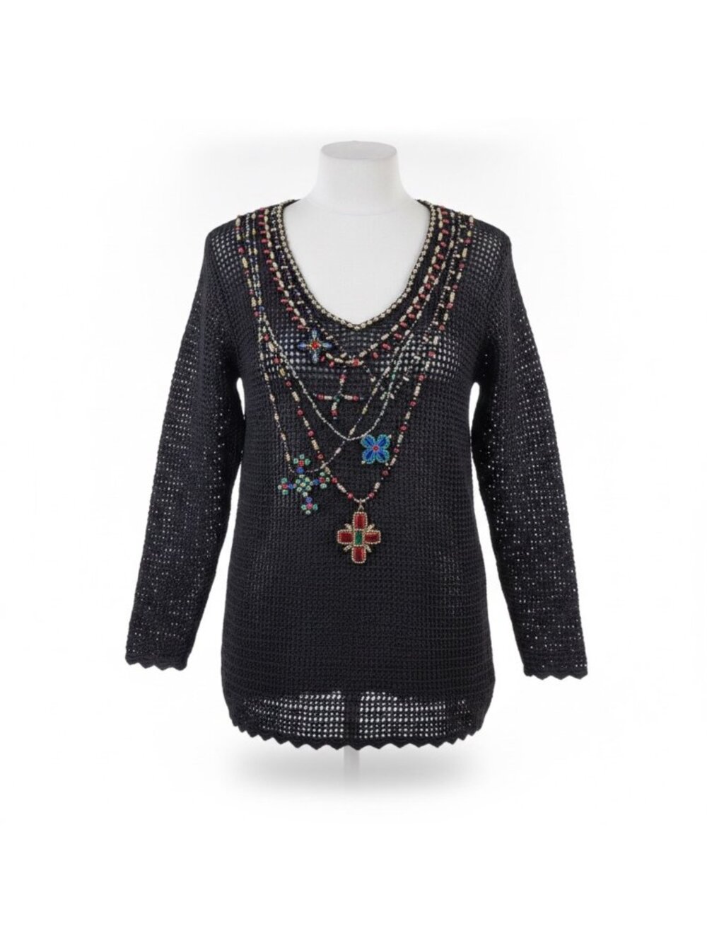 Express Womens Black Ramie Cotton Beaded Crochet Sweater Top Handknit Size L